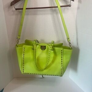 BCBG Paris Neon Green Studded Tote Handbag with Shoulder Strap